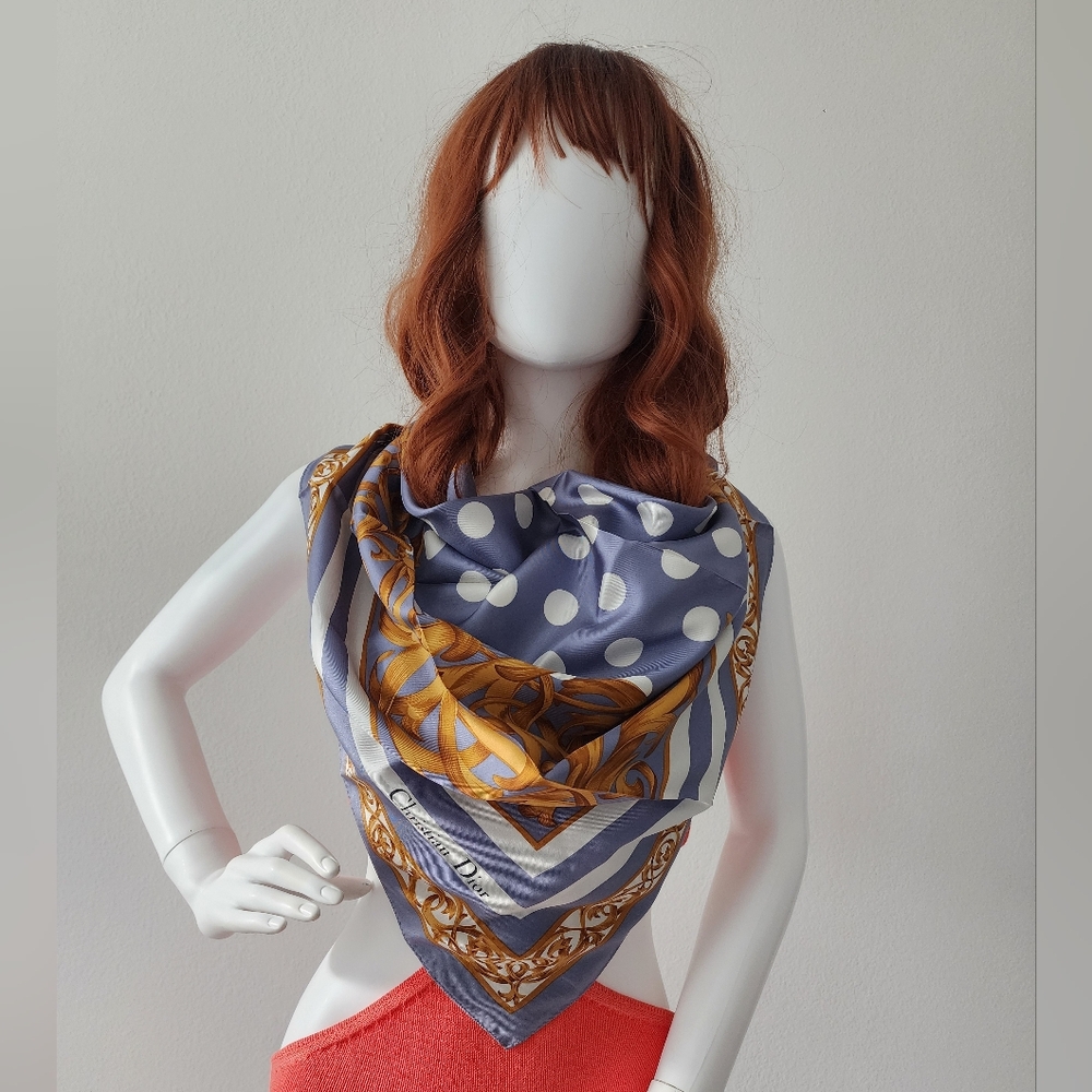 Auth Dior Floral Baroque And Polka Dot Silk Scarf - Picture 3 of 9